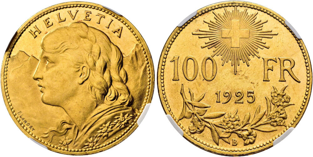 Schweiz. Eidgenossenschaft. 100 Franken 1925 B. Unzirkuliertes Prachtexemplar. NGC MS63. Startpreis: 12.500 CHF. Auktion Hess Divo 343 (25. Mai 2025), Nr. 400. Schweiz. Eidgenossenschaft. 100 Franken 1925 B. Unzirkuliertes Prachtexemplar. NGC MS63. Startpreis: 12.500 CHF. Auktion Hess Divo 343 (25. Mai 2025), Nr. 400.
