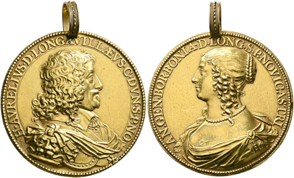 Los 1257: Schweiz. Neuenburg/Neuchâtel. Henri II. d'Orléans-Longueville, 1595-1663. Medaille zu 20 Dukaten, anlässlich seiner Heirat mit Anne-Geneviève de Bourbon-Condé. Von J. Warin. Ohne Datum (1642). Schätzpreis: 25.000 CHF. Los 1257: Schweiz. Neuenburg/Neuchâtel. Henri II. d'Orléans-Longueville, 1595-1663. Medaille zu 20 Dukaten, anlässlich seiner Heirat mit Anne-Geneviève de Bourbon-Condé. Von J. Warin. Ohne Datum (1642). Schätzpreis: 25.000 CHF.