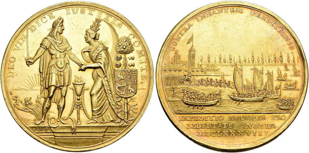 Gold medal commemorating the landing of William of Orange at Torbay in 1688, created by R. Arondeaux. 49.3 mm. 58.41 g. Extremely Fine. Estimate: CHF 15,000. From SINCONA Auction 96 (26 May 2025), No. 134. Gold medal commemorating the landing of William of Orange at Torbay in 1688, created by R. Arondeaux. 49.3 mm. 58.41 g. Extremely Fine. Estimate: CHF 15,000. From SINCONA Auction 96 (26 May 2025), No. 134.