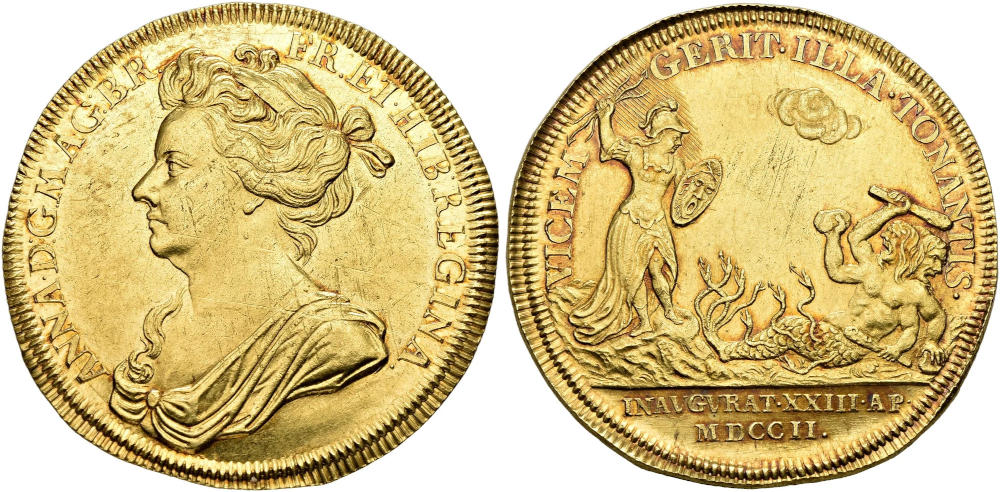 Gold medal commemorating the coronation of Queen Anne in 1702. 35.4 mm. 18.57 g. Extremely Fine. Estimate: CHF 10,000. From SINCONA Auction 96 (26 May 2025), No. 197. Gold medal commemorating the coronation of Queen Anne in 1702. 35.4 mm. 18.57 g. Extremely Fine. Estimate: CHF 10,000. From SINCONA Auction 96 (26 May 2025), No. 197.