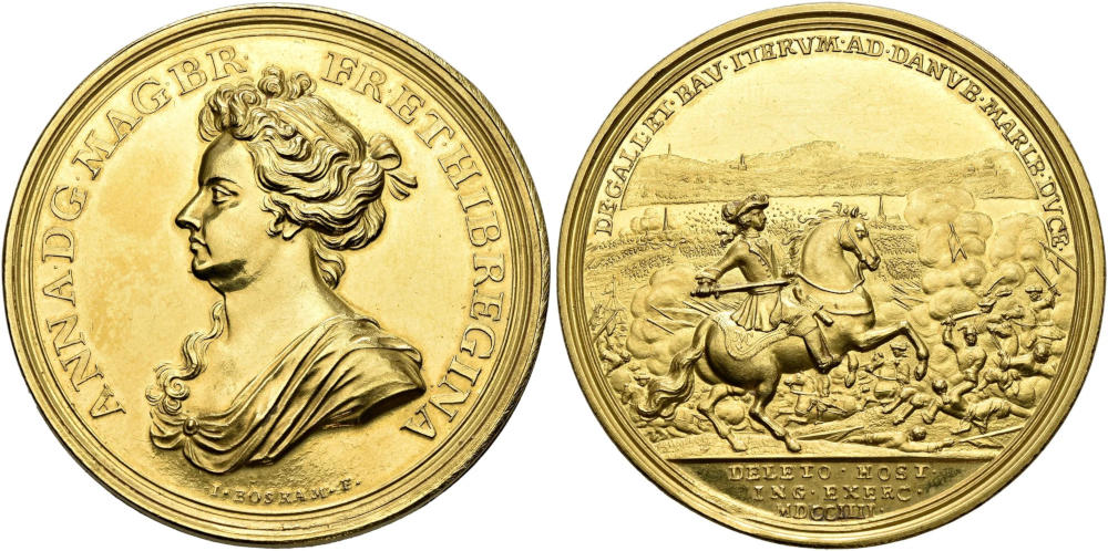 Gold medal commemorating the victory of Blenheim in 1704 by J. Boskam. 44 mm. 49.91 g. Estimate: CHF 15,000. From SINCONA Auction 96 (26 May 2025), No. 205. Gold medal commemorating the victory of Blenheim in 1704 by J. Boskam. 44 mm. 49.91 g. Estimate: CHF 15,000. From SINCONA Auction 96 (26 May 2025), No. 205.