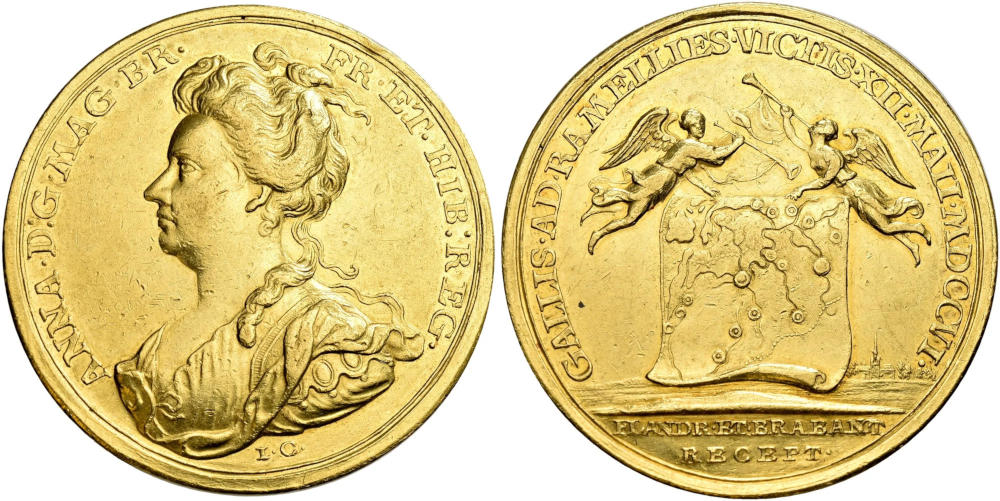 Gold medal commemorating the Battle of Ramillies in 1706 by J. Crocker. 34.9 mm. 24.28 g. Very Fine to Extremely Fine. Estimate: CHF 5,000. From SINCONA Auction 96 (26 May 2025), No. 214. Gold medal commemorating the Battle of Ramillies in 1706 by J. Crocker. 34.9 mm. 24.28 g. Very Fine to Extremely Fine. Estimate: CHF 5,000. From SINCONA Auction 96 (26 May 2025), No. 214.