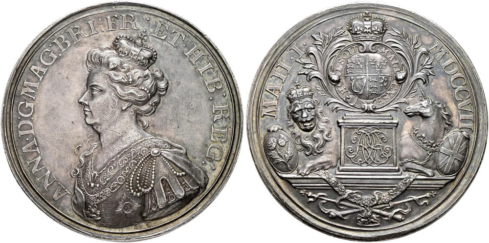Silver medal commemorating the union of England and Scotland in 1707 by J. Croker. 47.2 mm, 42.11 g. Extremely Fine. Estimate: CHF 300. From SINCONA Auction 96 (26 May 2025), No. 218. Silver medal commemorating the union of England and Scotland in 1707 by J. Croker. 47.2 mm, 42.11 g. Extremely Fine. Estimate: CHF 300. From SINCONA Auction 96 (26 May 2025), No. 218.