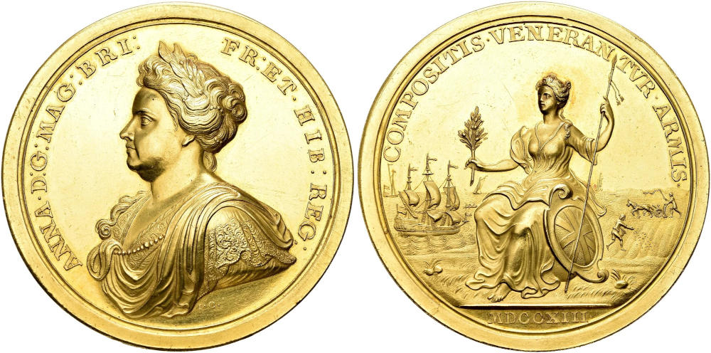 Gold medal commemorating the Peace of Utrecht in 1713, by J. Crocker. 59.3 mm. 122 g. Extremely Fine to Uncirculated. Estimate: CHF 15,000. From SINCONA Auction 96 (26 May 2025), No. 245. Gold medal commemorating the Peace of Utrecht in 1713, by J. Crocker. 59.3 mm. 122 g. Extremely Fine to Uncirculated. Estimate: CHF 15,000. From SINCONA Auction 96 (26 May 2025), No. 245.