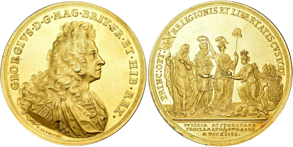 Gold medal commemorating the proclamation of George I on 12 August 1714 by E. Hannibal. 66.8 mm. 172.97 g. Extremely Fine to Uncirculated. Estimate: CHF 30,000. From SINCONA Auction 96 (26 May 2025), No. 255. Gold medal commemorating the proclamation of George I on 12 August 1714 by E. Hannibal. 66.8 mm. 172.97 g. Extremely Fine to Uncirculated. Estimate: CHF 30,000. From SINCONA Auction 96 (26 May 2025), No. 255.