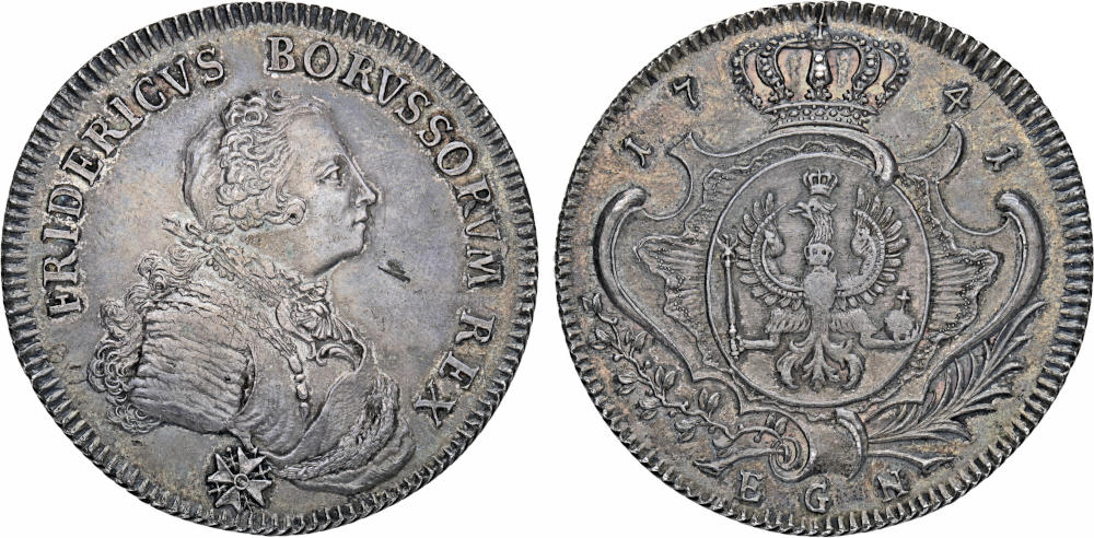 Lot 7447: Prussia. Frederick II. Speciestaler 1741, Berlin. Very rare. Splendid patina. Extremely fine. Estimate: 7,500 euros. Lot 7447: Prussia. Frederick II. Speciestaler 1741, Berlin. Very rare. Splendid patina. Extremely fine. Estimate: 7,500 euros.