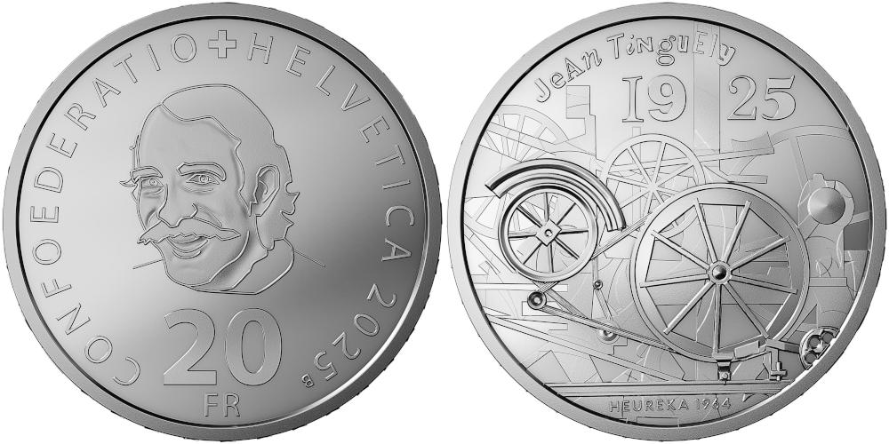Switzerland / 20 francs / silver .999 / 20 g / 33 mm / mintage: 7,500 (uncirculated), 3,500 (proof), 1,000 (Collector’s Edition Jean Tinguely). Switzerland / 20 francs / silver .999 / 20 g / 33 mm / mintage: 7,500 (uncirculated), 3,500 (proof), 1,000 (Collector’s Edition Jean Tinguely).