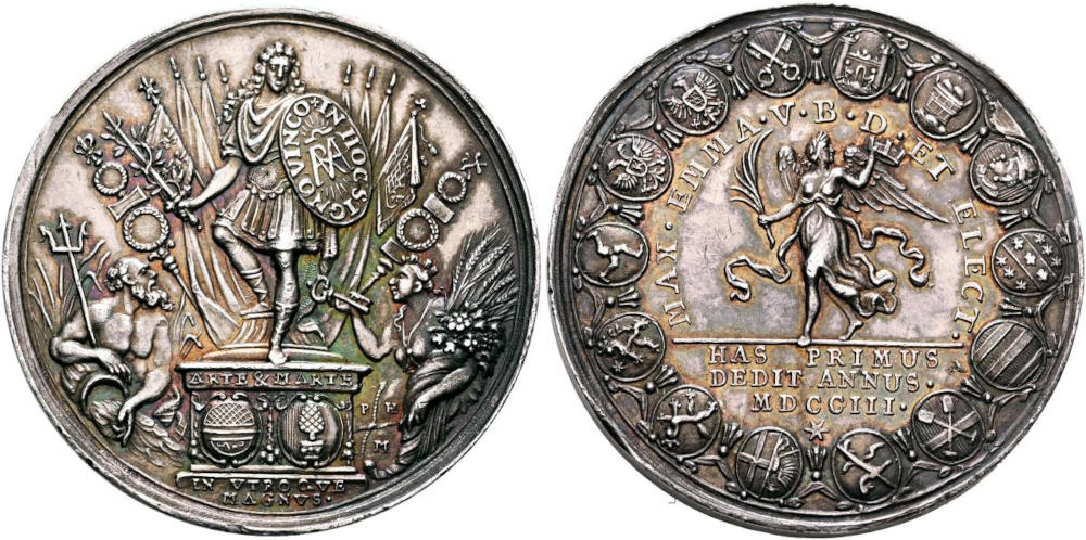 Medaille 1703, von Philipp Heinrich Müller auf Maximilian II Emanuel und die Eroberungen von 16 Städten. Silber, 41 mm, 32.97 g. Leu Auktion 18, 2. Juni 2025, 1071. Schätzung: 500 CHF. Medaille 1703, von Philipp Heinrich Müller auf Maximilian II Emanuel und die Eroberungen von 16 Städten. Silber, 41 mm, 32.97 g. Leu Auktion 18, 2. Juni 2025, 1071. Schätzung: 500 CHF.