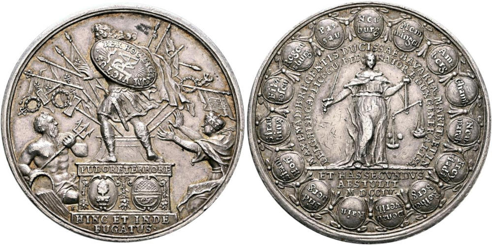 Medaille 1704, auf die Niederlage Maximilian II Emanuels bei Höchstädt. Silber, 43 mm, 29.46 g. Leu Auktion 18, 2. Juni 2025, 1072. Schätzung: 500 CHF. Medaille 1704, auf die Niederlage Maximilian II Emanuels bei Höchstädt. Silber, 43 mm, 29.46 g. Leu Auktion 18, 2. Juni 2025, 1072. Schätzung: 500 CHF.