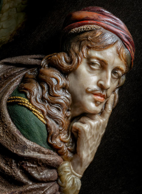 Daniel Neuberger (1621–1680), Selbstbildnis des Künstlers zwischen Minerva und Saturn (Chronos), (Detail). Wien, um 1660. Wachs, Holz, Schildpatt, Glas. Museum August Kestner Hannover © Landeshauptstadt Hannover, Museum August Kestner. Fotograf: Detlef Jürges. Daniel Neuberger (1621–1680), Selbstbildnis des Künstlers zwischen Minerva und Saturn (Chronos), (Detail). Wien, um 1660. Wachs, Holz, Schildpatt, Glas. Museum August Kestner Hannover © Landeshauptstadt Hannover, Museum August Kestner. Fotograf: Detlef Jürges.