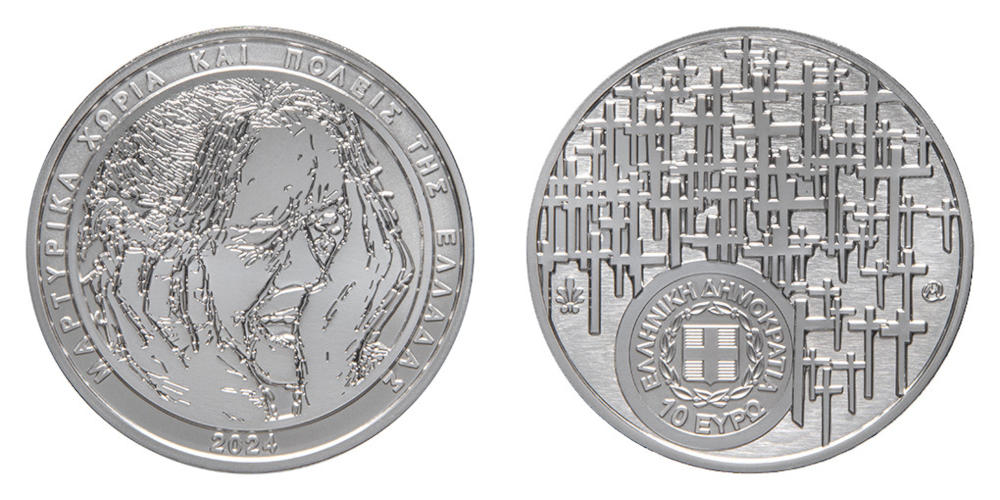 Nominated as Best Contemporary Event Coin: Greece – KM-398, 10 Euro, Silver, Martyred Villages and Towns of Greece. Photo: Greek Mint. Nominated as Best Contemporary Event Coin: Greece – KM-398, 10 Euro, Silver, Martyred Villages and Towns of Greece. Photo: Greek Mint.