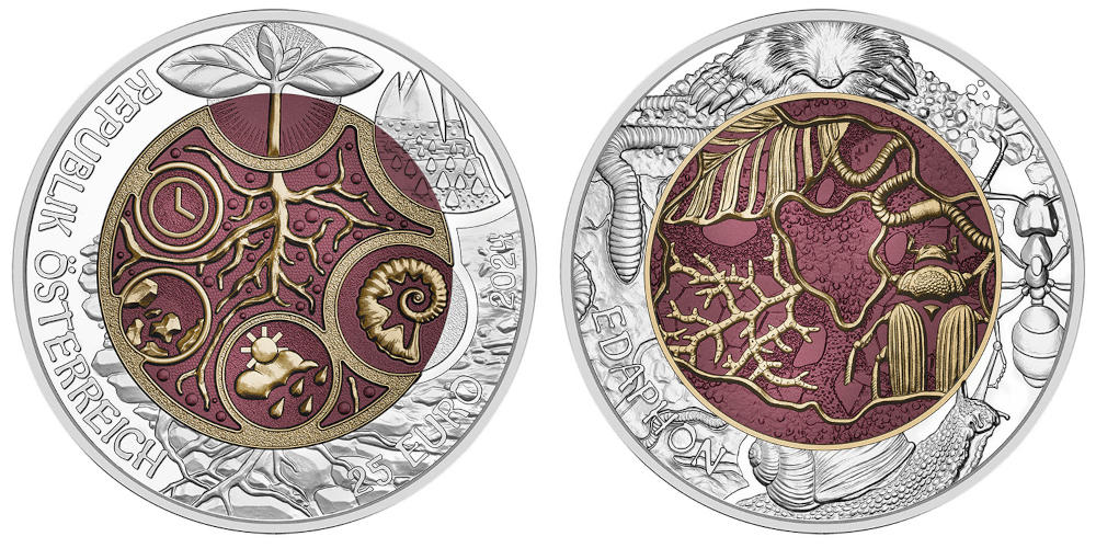 Nominated as Best Bi-Metallic Coin: Austria – KM-3379, 25 Euro, Silver-Niobium, Edaphon (Soil Life). Photo: Austrian Mint. Nominated as Best Bi-Metallic Coin: Austria – KM-3379, 25 Euro, Silver-Niobium, Edaphon (Soil Life). Photo: Austrian Mint.