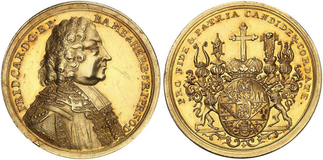 Nr. 1619 – Würzburg. Friedrich Karl von Schönborn, 1729-1746. Goldmedaille zu 7 1/2 Dukaten o. J., von P. P. Werner. Vorzüglich. Taxe: 7.500,- Euro. Zuschlag: 14.000,- Euro. Foto: Lübke + Wiedemann KG.