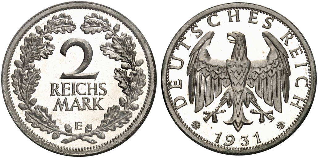 Nr. 2040 – Weimarer Republik. 2 Reichsmark 1931. In dieser Erhaltung sehr selten! Polierte Platte. Taxe: 600,- Euro. Zuschlag: 3.200,- Euro. Foto: Lübke + Wiedemann KG.