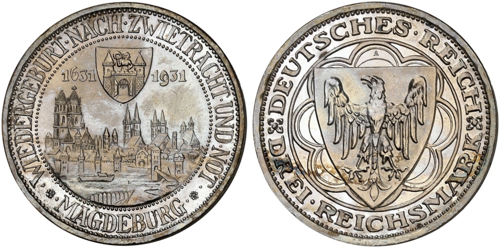 Nr. 2173 – Weimarer Republik. 3 Reichsmark 1931 Magdeburg. Prachtexemplar! Polierte Platte. Taxe: 500,- Euro. Zuschlag: 3.600,- Euro. Foto: Lübke + Wiedemann KG.