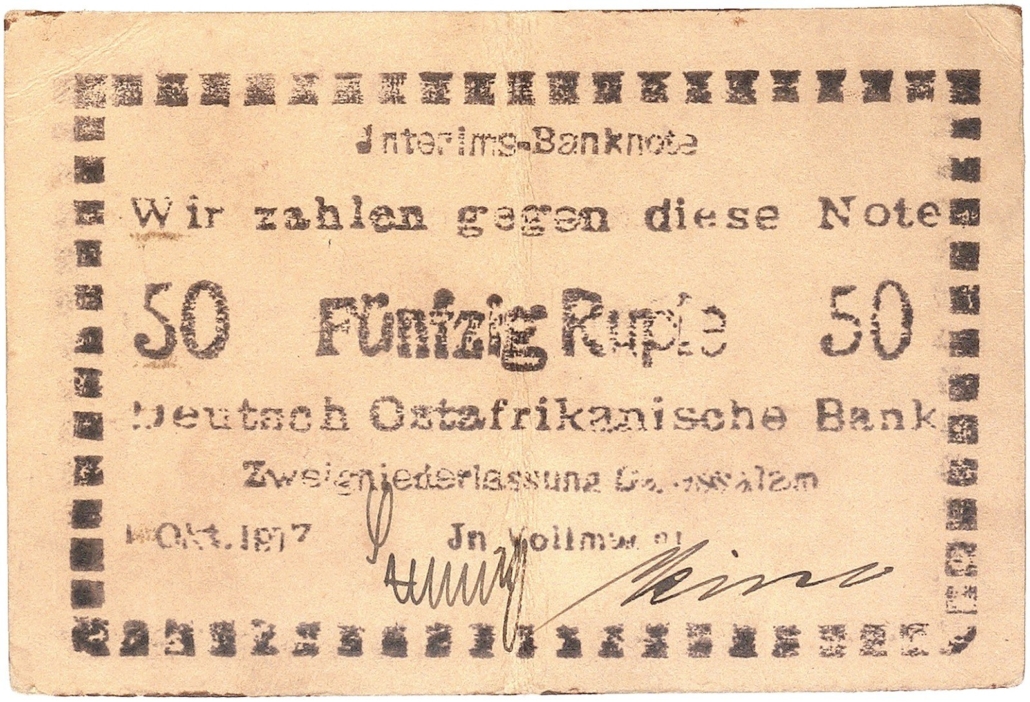 Deutsch Ostafrika. 50 Rupien 1.10.1917 (Buschnote). Sehr selten. 1 Knick, gebraucht. Taxe: 2.000,- Euro. Zuschlag: 4.500,- Euro. Foto: Lübke + Wiedemann KG. Deutsch Ostafrika. 50 Rupien 1.10.1917 (Buschnote). Sehr selten. 1 Knick, gebraucht. Taxe: 2.000,- Euro. Zuschlag: 4.500,- Euro. Foto: Lübke + Wiedemann KG.