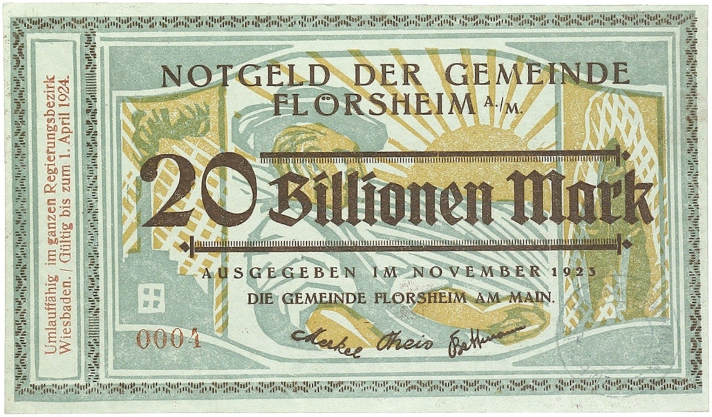 Nr. 2505 – Notgeld. Hessen / Gemeinde Flörsheim. Lot von 5 Scheinen: 1 Billion, 5, 10, 20 Billionen Mark 1923. Gebraucht bis kassenfrisch. Taxe: 200,- Euro. Zuschlag: 2.700,- Euro. Foto: Lübke + Wiedemann KG. Nr. 2505 – Notgeld. Hessen / Gemeinde Flörsheim. Lot von 5 Scheinen: 1 Billion, 5, 10, 20 Billionen Mark 1923. Gebraucht bis kassenfrisch. Taxe: 200,- Euro. Zuschlag: 2.700,- Euro. Foto: Lübke + Wiedemann KG.