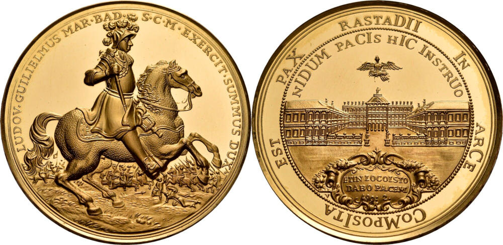 Deutschland. Baden-Baden. Goldmedaille 1955. 300. Geburtstag des Markgrafen und auf den Frieden von Rastatt. Künker am Dom 7.500 EUR. Deutschland. Baden-Baden. Goldmedaille 1955. 300. Geburtstag des Markgrafen und auf den Frieden von Rastatt. Künker am Dom 7.500 EUR.