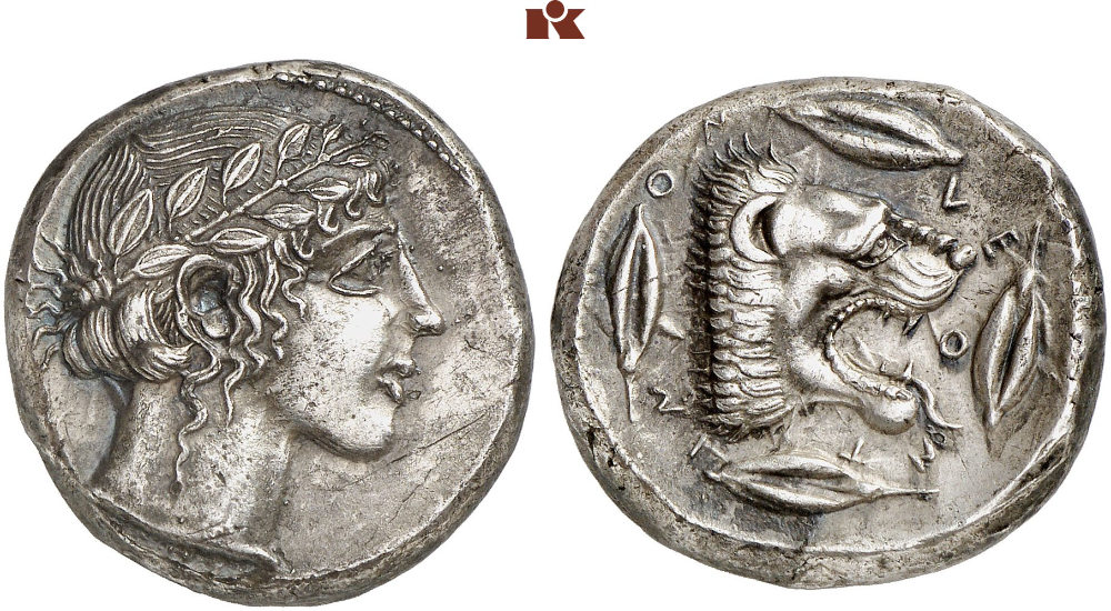 The inspiration for this issue are the ancient tetradrachms of Leontinoi. This example can be dated to 450/430 B.C. From auction Künker 304 (2018), lot 150. hammer price: 6,500 eurosThe inspiration for this issue are the ancient tetradrachms of Leontinoi. This example can be dated to 450/430 B.C. From auction Künker 304 (2018), lot 150. hammer price: 6,500 euros The inspiration for this issue are the ancient tetradrachms of Leontinoi. This example can be dated to 450/430 B.C. From auction Künker 304 (2018), lot 150. hammer price: 6,500 euros