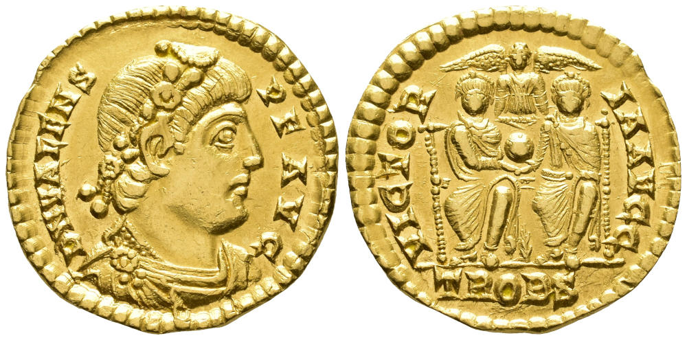 Lot 368: Valens (AD 364–378). Solidus, Treveri mint, AD 373–375. Lustrous specimen. Starting Price: 700 EUR. Lot 368: Valens (AD 364–378). Solidus, Treveri mint, AD 373–375. Lustrous specimen. Starting Price: 700 EUR.