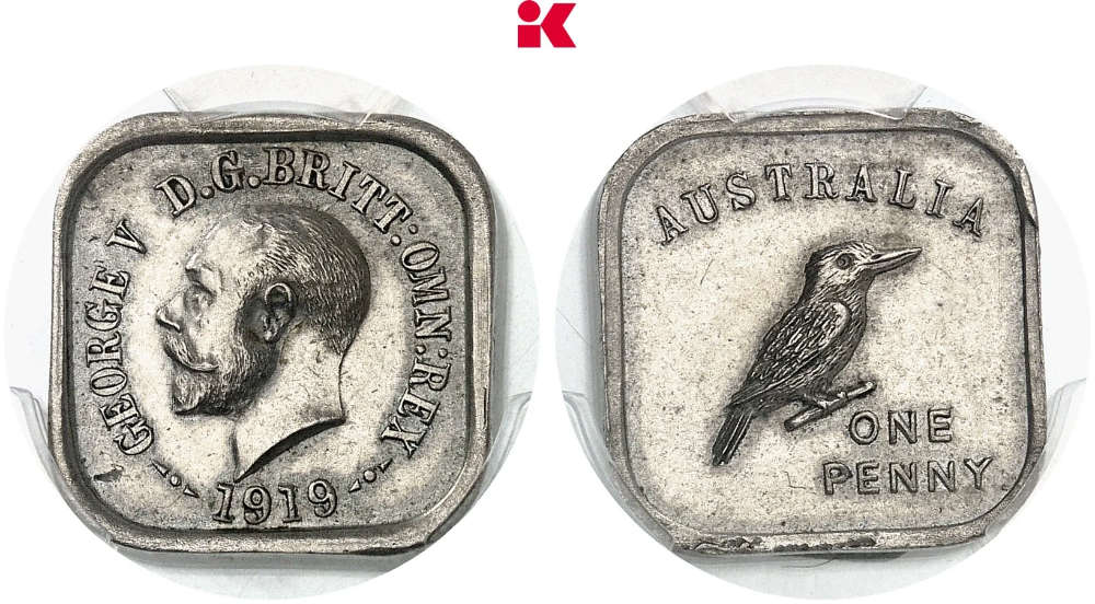 Australien. George V. „Kookaburra Penny“, Probe zu einer neuen Umlaufmünzserie von C. D. Richardson, geprägt bei Stokes & Sons im Auftrag der Melbourne Mint. Sehr selten. PCGS SP61. Vorzüglich. Taxe: 7.500 Euro. Aus Auktion Künker 428 (8. Oktober 2025), Nr. 1224