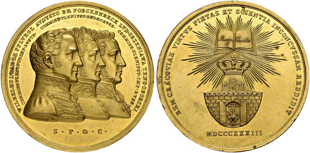 Polen. Goldmedaille auf den Erlass einer neuen Verfassung für Krakau im Mai 1833, Stempel von Joseph Daniel Böhm, hergestellt wohl im Wiener Hauptmünzamt. Einziges bekanntes Exemplar. Vorzüglich bis FDC. Taxe: 40.000 CHF. Aus Auktion SINCONA 100 (30. Oktober 2025), Nr. 1080