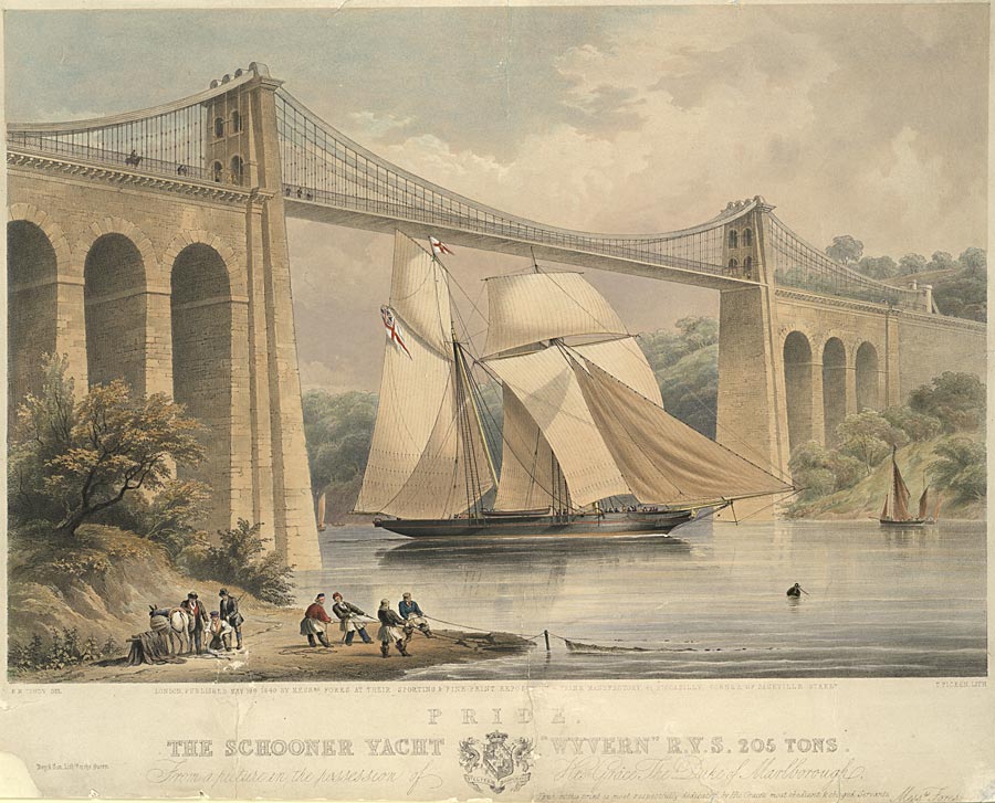 Thomas Picken, Die Schooner Yacht Wyvern passiert die Medai-Brücke. Druckgrafik aus dem Jahr 1849. National Library of Wales 1133632