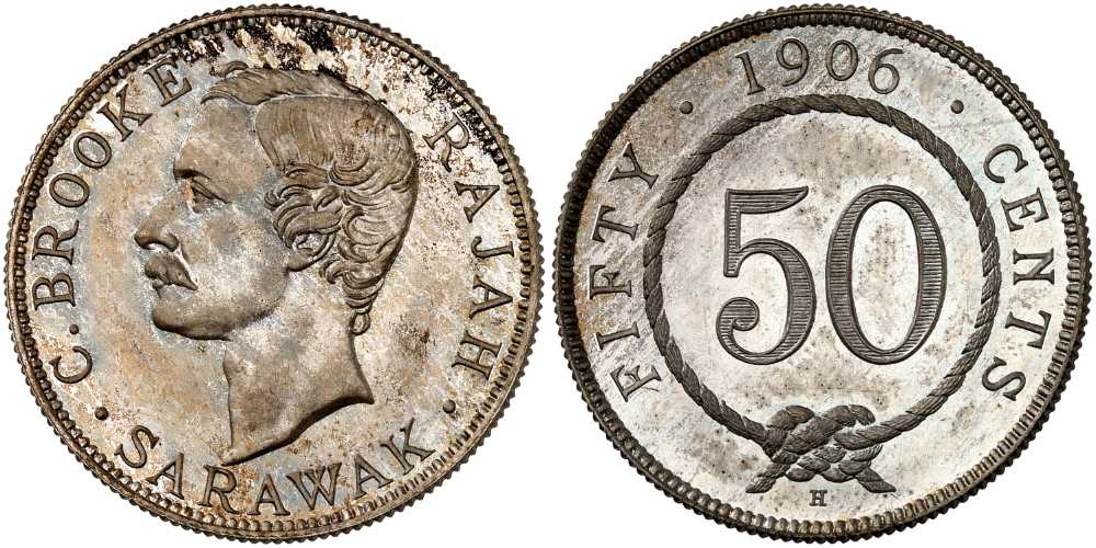Sarawak / Malaysia. Charles Anthony Johnson Brooke, 1868-1917. Specimen zu 50 Cents 1906, Birmingham (Heaton). NGC SP66 (Highest grade NGC). Startpreis: 3.000 CHF. Aus Auktion NGSA 23 (25. November 2025), Nr. 1166