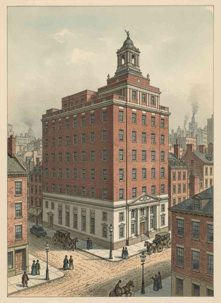 Das neue Gebäude der ANS war ein beeindruckendes 6-stöckiger Bau an der Fulton Street. KI generiert mit Perplexity