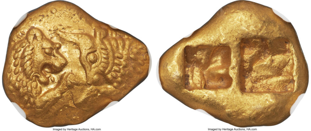 Lydien. Krösus. Prototyp zum schweren Goldstater. NGC Choice MS5/5-5/5. Aus der Cambridge Sammlung. Aus Auktion Heritage (12. Januar 2026)