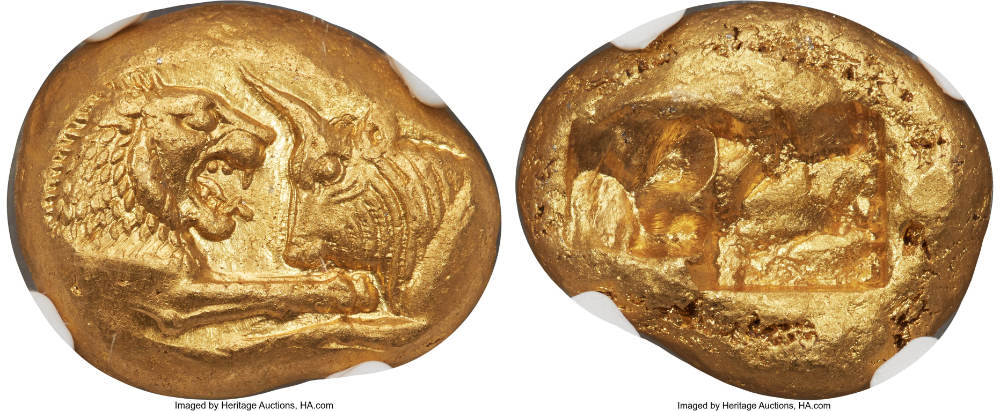 Lydien. Krösus. Missing Link zwischen Prototyp und Massenprägung. NGC Gem MS* 5/5 - 5/5, Fine Style. Aus der Cambridge Sammlung. Aus Auktion Heritage (12. Januar 2026)