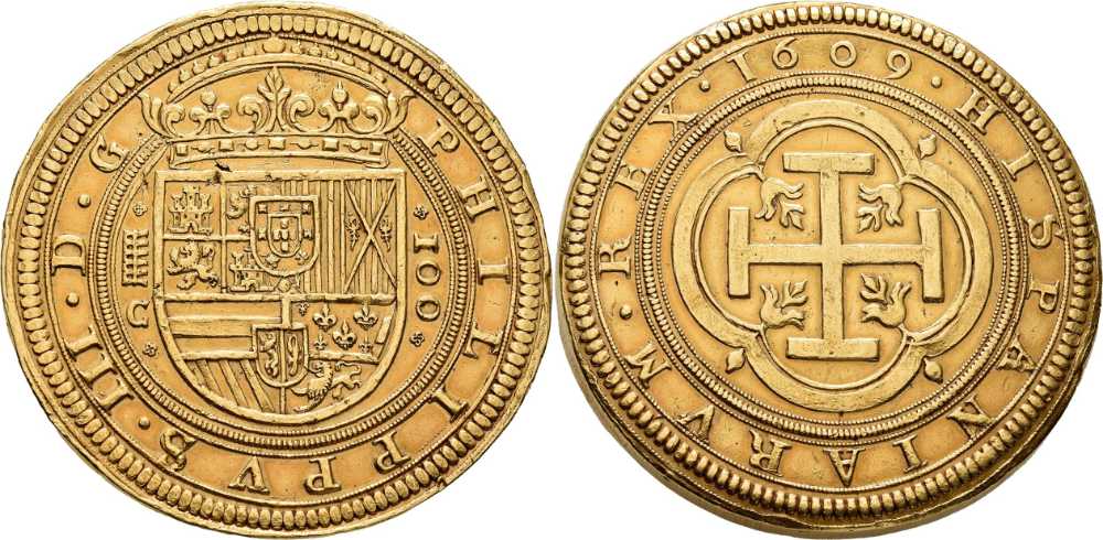 Spanien. Philipp III., 1598-1621. 100 Escudos (= Centén) 1609, Segovia. NGC AU58 (Top Pop). Unikum. Exemplar der Sammlung Caballero de las Yndias. Startpreis: 2.000.000 CHF. Zuschlag: 2.300.000 CHF. Aus Auktion NGSA 22 (24. November 2025), Nr. 314. Foto: B. Seifert / Lübke & Wiedemann