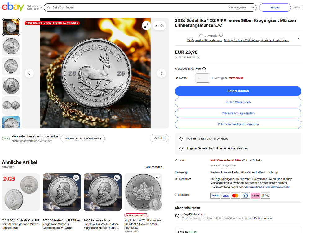 Ein typisches Beispiel für Krugerrands, die nicht in Südafrika entstanden sind