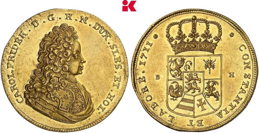 Schleswig-Holstein. 10 Dukaten 1711, Tönning. 2. Exemplar im Handel. NGC MS61. Gutes vorzüglich. Aus Auktion Künker 437 (28. Januar 2026), Nr. 306. Taxe: 50.000 Euro. Zuschlag: 125.000 Eur