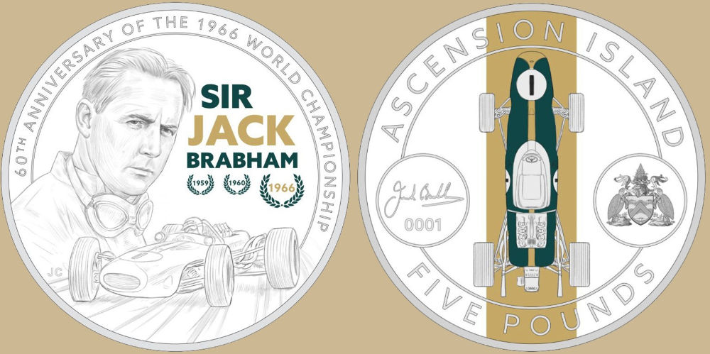 Entwurf zur ersten Münze der neuen Serie Motorsports Legends von Jody Clark. Sie ist dem Rennfahrer Sir Jack Brabham anlässlich seiner Weltmeisterschaft im Jahr 1966 gewidmet