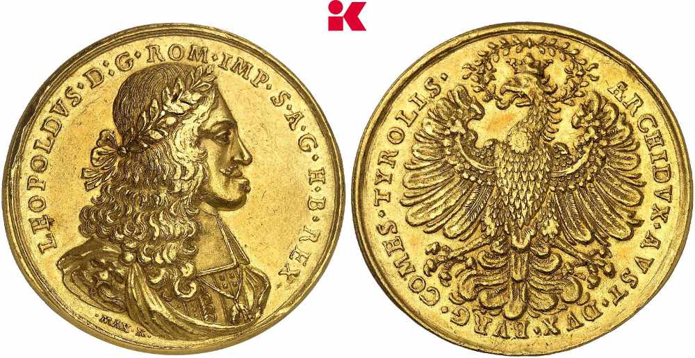 Habsburger Reich. 20 Dukaten ohne Jahr (nach 1666), Hall. Äußerst selten. Fast vorzüglich. Aus Auktion Künker 437 (28. Januar 2026), Nr. 376. Taxe: 200.000 Euro. Zuschlag: 200.000 Euro