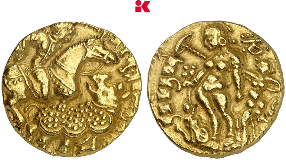 Gupta in Indien. Kumaragupta, 414-455. Dinar vom Rhinoceros-Slayer-Type. Sehr selten. Fast vorzüglich. Taxe: 25.000 Euro. Aus Auktion Künker 438 (16. März 2026), Nr. 1076. Foto: B. Seifert / Lübke & Wiedemann