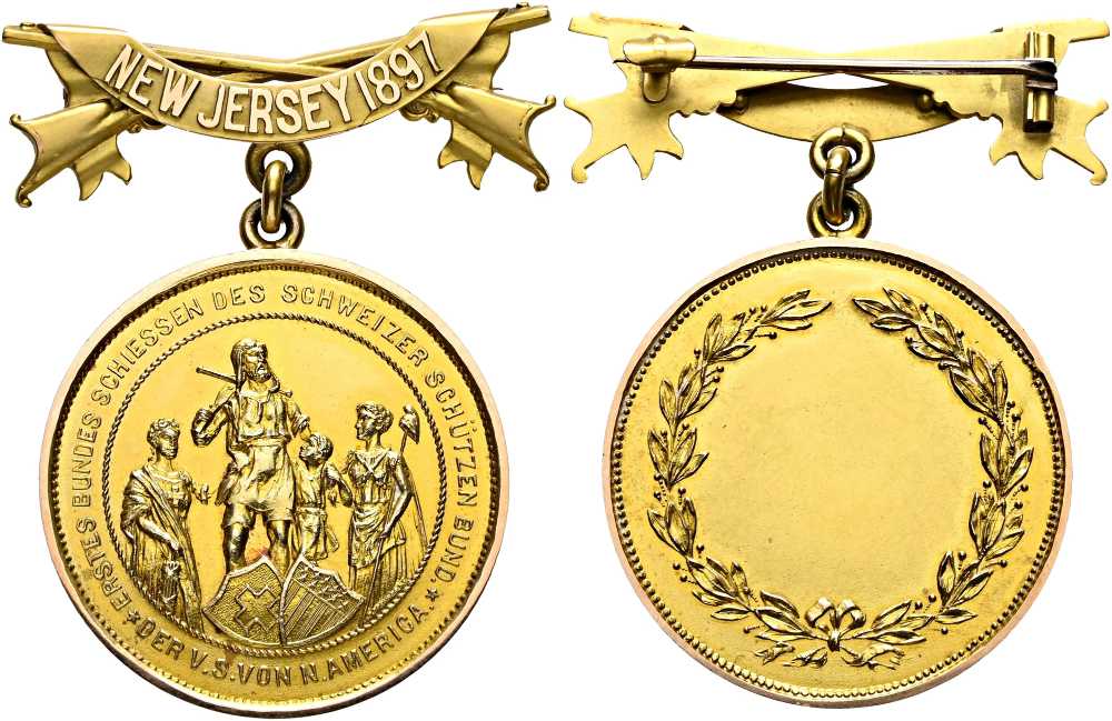 Goldmedaille anlässlich des Ersten Bundesschießens des Schweizer Schützenbunds der Veteranenschützen von Nord Amerika, New Jersey 1897. Richter 2121a. Äußerst selten. Vorzüglich bis FDC. Taxe: 3.000 CHF. Aus Auktion SINCONA 104 (19. Mai 2026), Nr. 2654