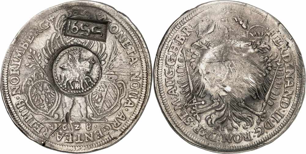 Russland. Alexius Michailowitsch, 1645-1676. Jefimok 1655, überprägt auf einem Taler aus Nürnberg von 1628. Äußerst selten. Sehr schön. Taxe: 3.500 Euro. Aus Auktion Heidelberger Münzhandlung 92 (12./13. Mai 2026), Nr. 323. Foto: Lübke & Wiedemann