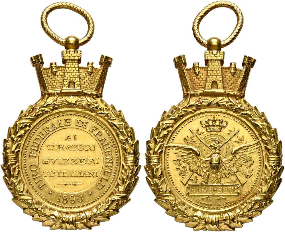 Goldene Siegermedaille anlässlich des Eidgenössischen Schützenfests in Frauenfeld von 1890, gestiftet von der italienischen Regierung. Richter 1251a. Unikat mit Originalhenkel. Vorzüglich bis FDC. Taxe: 10.000 CHF. Aus Auktion SINCONA 104 (19. Mai 2026), Nr. 2396