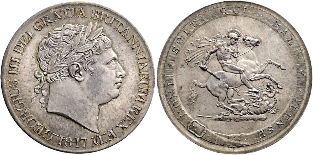 George III., 1760-1820. Probe zur Crown von 1817. NGC MS64+. Taxe: 75.000 CHF. Aus Auktion Numismatica Ars Classica 167 (27. Mai 2026), Nr. 1582