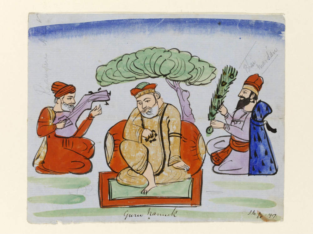 Guru Nanak Dev zwischen seinen beiden Jüngern. Aquarell des späten 19. Jahrhunderts. Victoria und Albert Museum