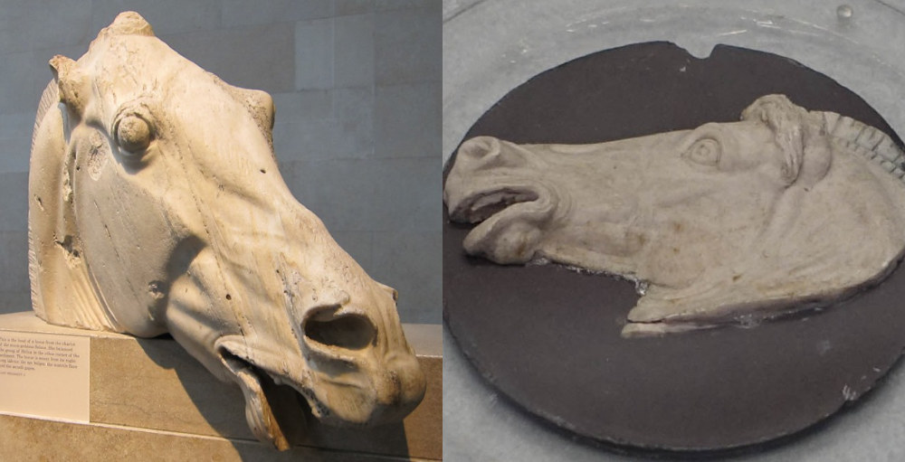 Wachsmodell von Pistrucci und Pferdekopf des Parthenonfrieses. Museo Zecca di Roma // British Museum. Beides Fotos: UK