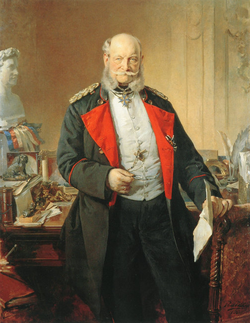 Kaiser Wilhelm I. in seinem Arbeitszimmer, Gemälde von Paul Bülow aus dem Jahr 1883. Ganz der bescheidene Soldat trägt er Uniformrock und Orden. Potsdam, Stiftung Hohenzollernscher Kunstbesitz