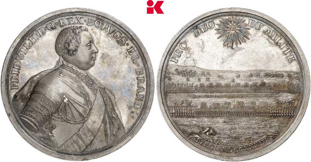 Friedrich Wilhelm I., genannt der Soldatenkönig. Silbermedaille von P. P. Werner, datiert 1733. Sehr selten. Aus dem Bestand des Hohenzollernmuseums, aus dem Nachlass von Kaiser Wilhelm I. Vorzüglich. Taxe: 7.500 Euro. Aus Auktion Künker 442 (23. Juni 2026), Nr. 32