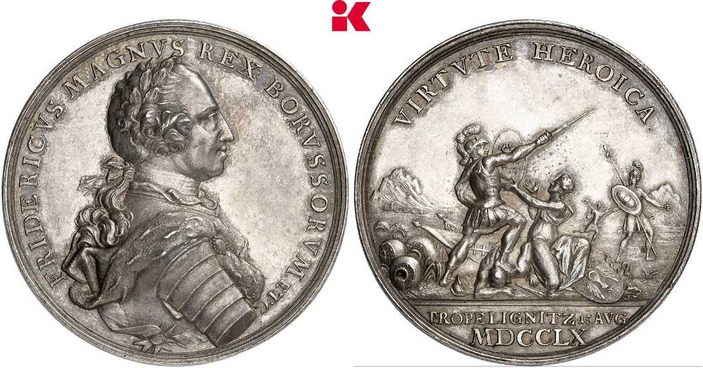Friedrich II., genannt der Große. Silbermedaille von J. G. Holtzhey, datiert auf den Sieg in der Schlacht bei Liegnitz am 15. August 1760. Sehr selten. Aus dem Bestand des Hohenzollernmuseums, aus dem Nachlass von Kaiser Wilhelm I. Vorzüglich. Taxe: 2.500 Euro. Aus Auktion Künker 442 (23. Juni 2026), Nr. 53