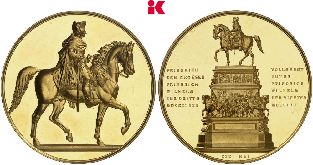 Einweihung des Monuments zu Ehren Friedrichs II. Goldmedaille zu 50 Dukaten von 1851. Aus dem Nachlass Kaiser Wilhelms I. NGC MS63 PL. Fast Stempelglanz. Schätzung: 25.000 Euro. Zuschlag: 70.000 Euro. Bild: Künker