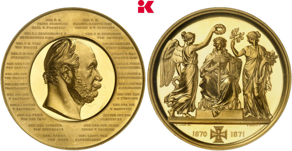 Generalitätsmedaille im Gewicht von 120 Dukaten von 1871. Aus dem Nachlass Kaiser Wilhelms I. 25 Exemplare in Gold geprägt. Fast Stempelglanz. Schätzung: 75.000 Euro. Zuschlag: 160.000 Euro. Bild: Künker