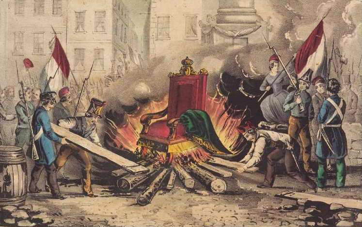 Der Thron des französischen Königs wird am 25. Februar 1848 auf der Place de la Bastille verbrannt. Zeitgenössisches Gemälde von Horace Vernet. Deutsches Historisches Museum