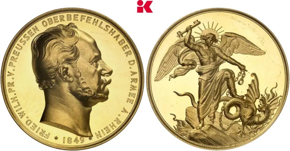 Goldmedaille zu 25 Dukaten von F. W. Kullrich auf die Niederschlagung der Badischen Revolution durch Kronprinz Friedrich Wilhelm, den späteren Wilhelm I., im Jahr 1849. Aus dem Bestand des Hohenzollernmuseums, aus dem Nachlass von Kaiser Wilhelm I. NGC MS64 DPL. Fast Stempelglanz. Taxe: 12.500 Euro. Aus Auktion Künker 442 (23. Juni 2026), Nr. 158
